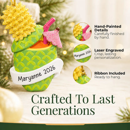 Hand-painted details and laser engraved personalization on the Pineapple Cocktail christmas ornament, ribbon included