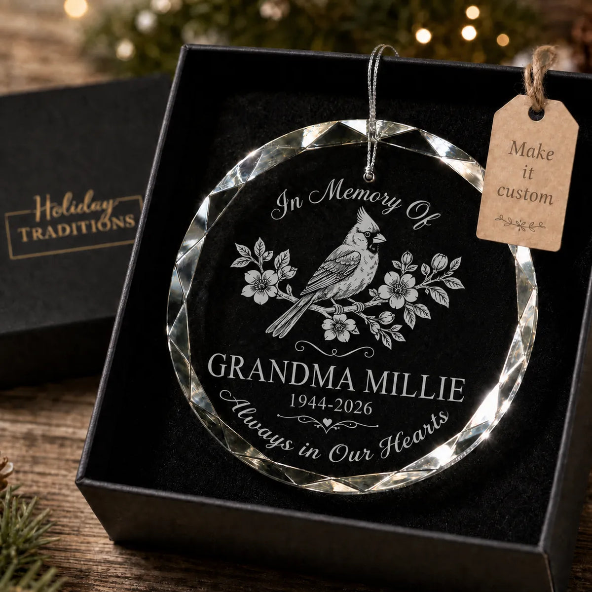 Personalized cardinal memorial christmas ornament in a Holiday Traditions gift box with a Make It Custom tag