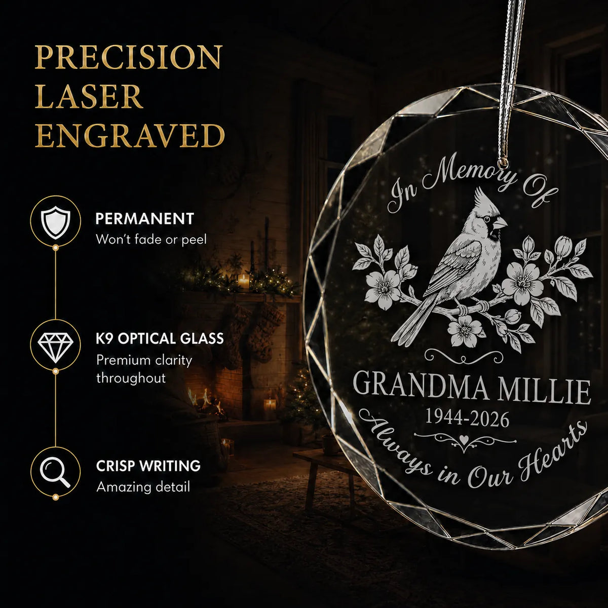 Laser engraved personalized cardinal christmas ornament in K9 optical glass with permanent, crisp detail that won't fade