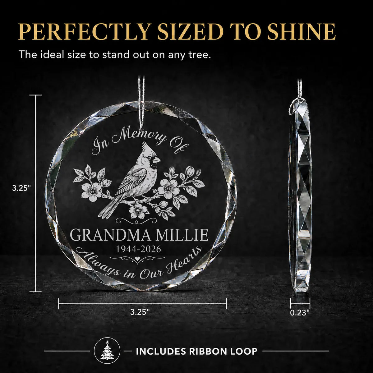 Size guide for the personalized cardinal memorial christmas ornament: 3.25 in round, 0.23 in thick, ribbon loop included