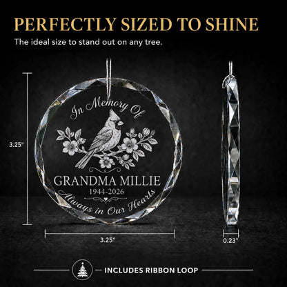 Size guide for the personalized cardinal memorial christmas ornament: 3.25 in round, 0.23 in thick, ribbon loop included