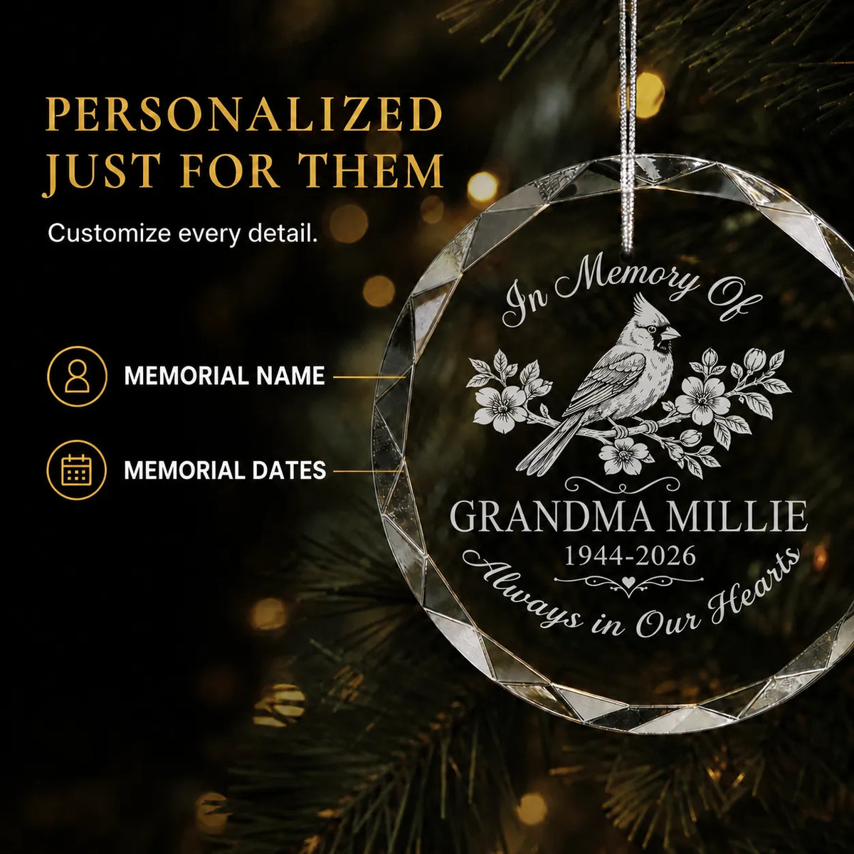Personalized cardinal christmas ornament customized with a memorial name and dates of your choice