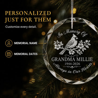 Personalized cardinal christmas ornament customized with a memorial name and dates of your choice