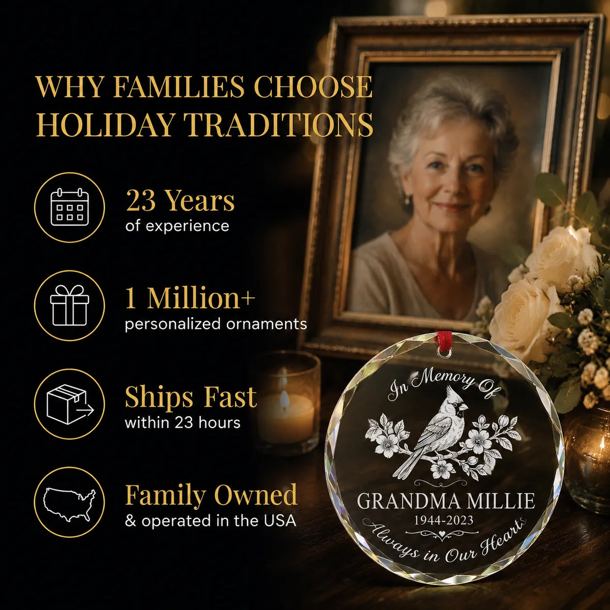Why families choose Holiday Traditions: 23 years, over 1 million personalized ornaments, family owned in the USA