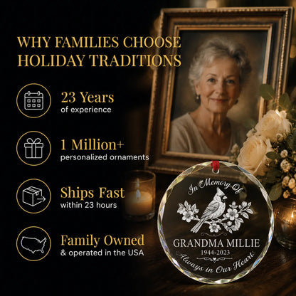 Why families choose Holiday Traditions: 23 years, over 1 million personalized ornaments, family owned in the USA