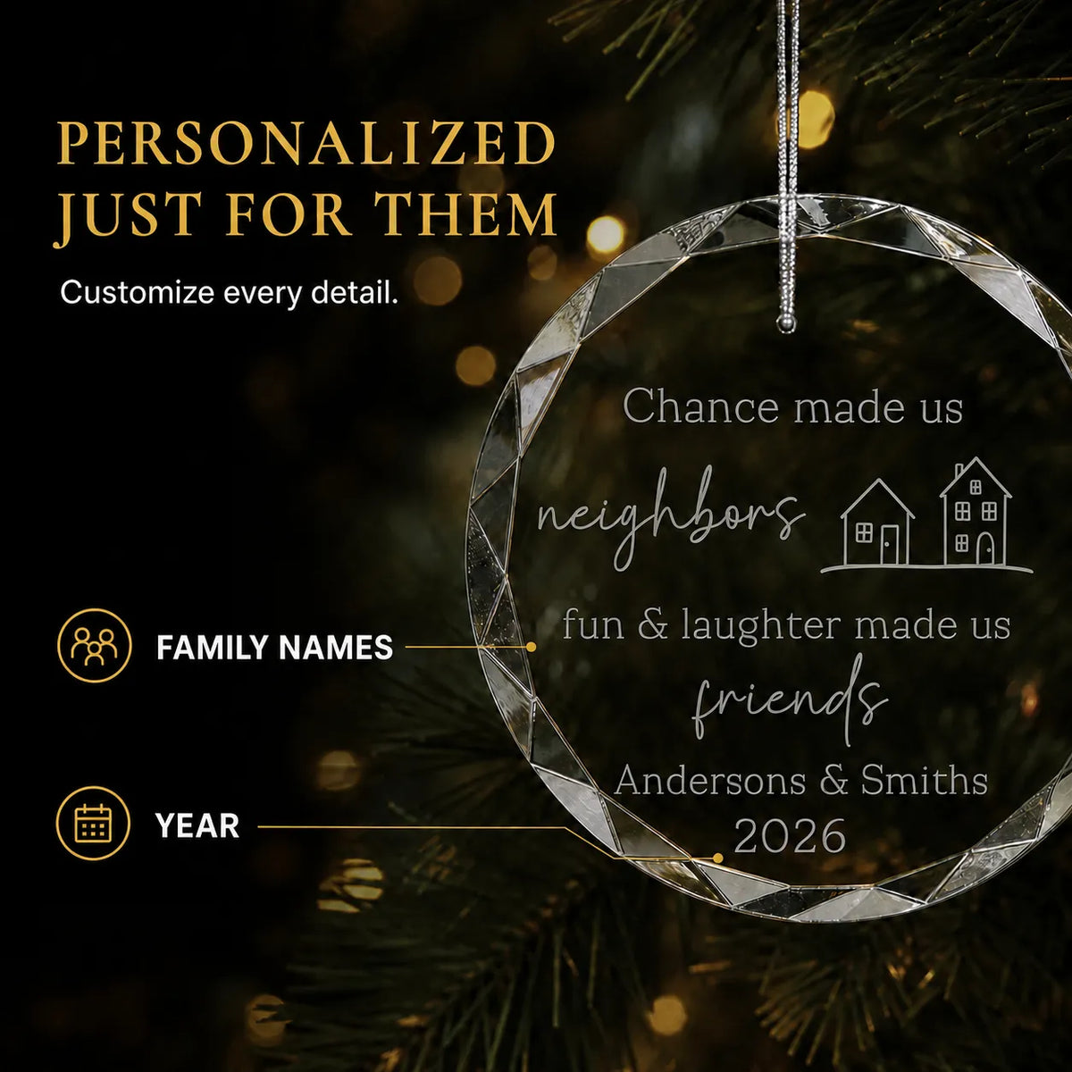 Neighbors personalized christmas ornament customized with both family names and the year