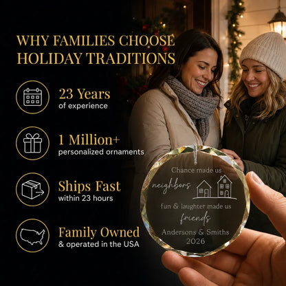 Two neighbors sharing their personalized christmas ornament: Holiday Traditions, 23 years and 1 million+ ornaments
