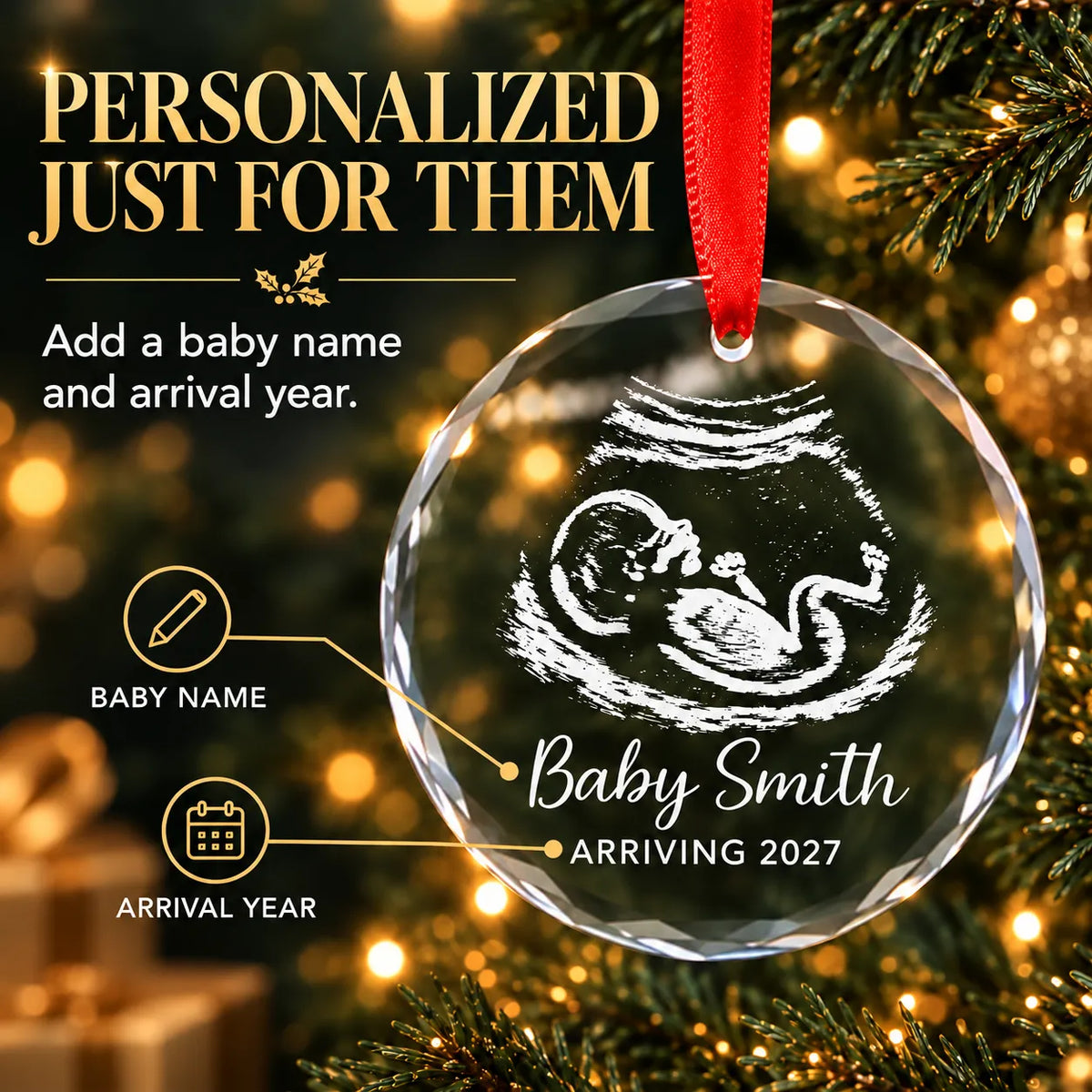 Personalized expecting ultrasound Christmas ornament with a baby name and arrival year engraved under the sonogram art