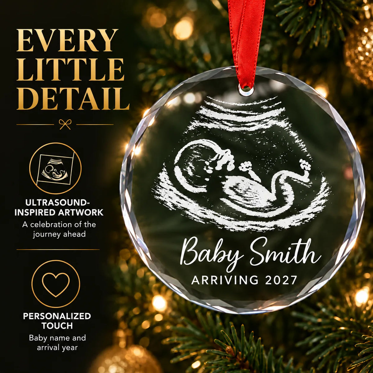 Close-up of the ultrasound-inspired artwork and baby name on the personalized glass Christmas ornament