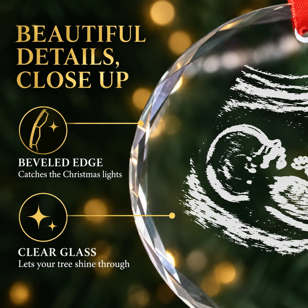 Beveled edge and clear glass of the personalized expecting ultrasound Christmas ornament, shown close up