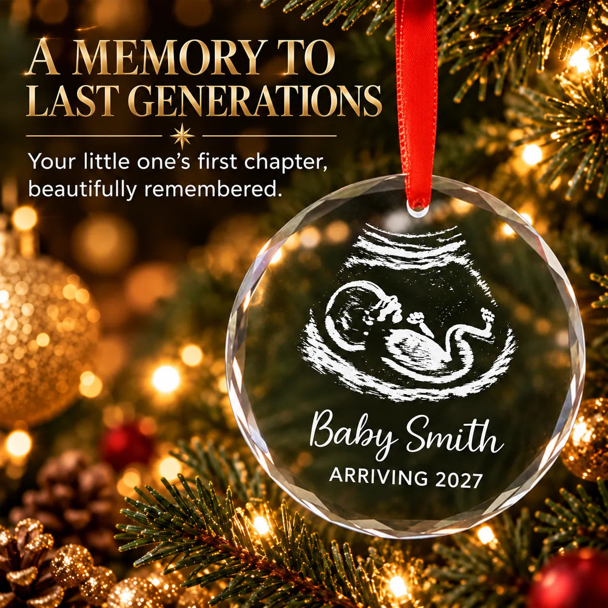 Personalized expecting ultrasound Christmas ornament on a lit tree, a keepsake to last generations