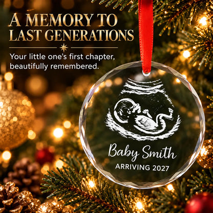 Personalized expecting ultrasound Christmas ornament on a lit tree, a keepsake to last generations
