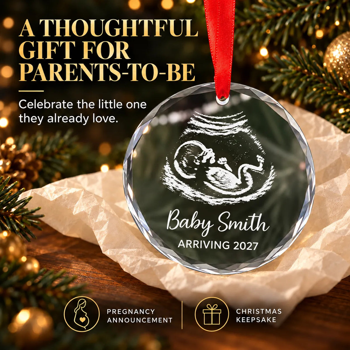 Personalized expecting ultrasound Christmas ornament on tissue paper, a thoughtful gift for parents-to-be