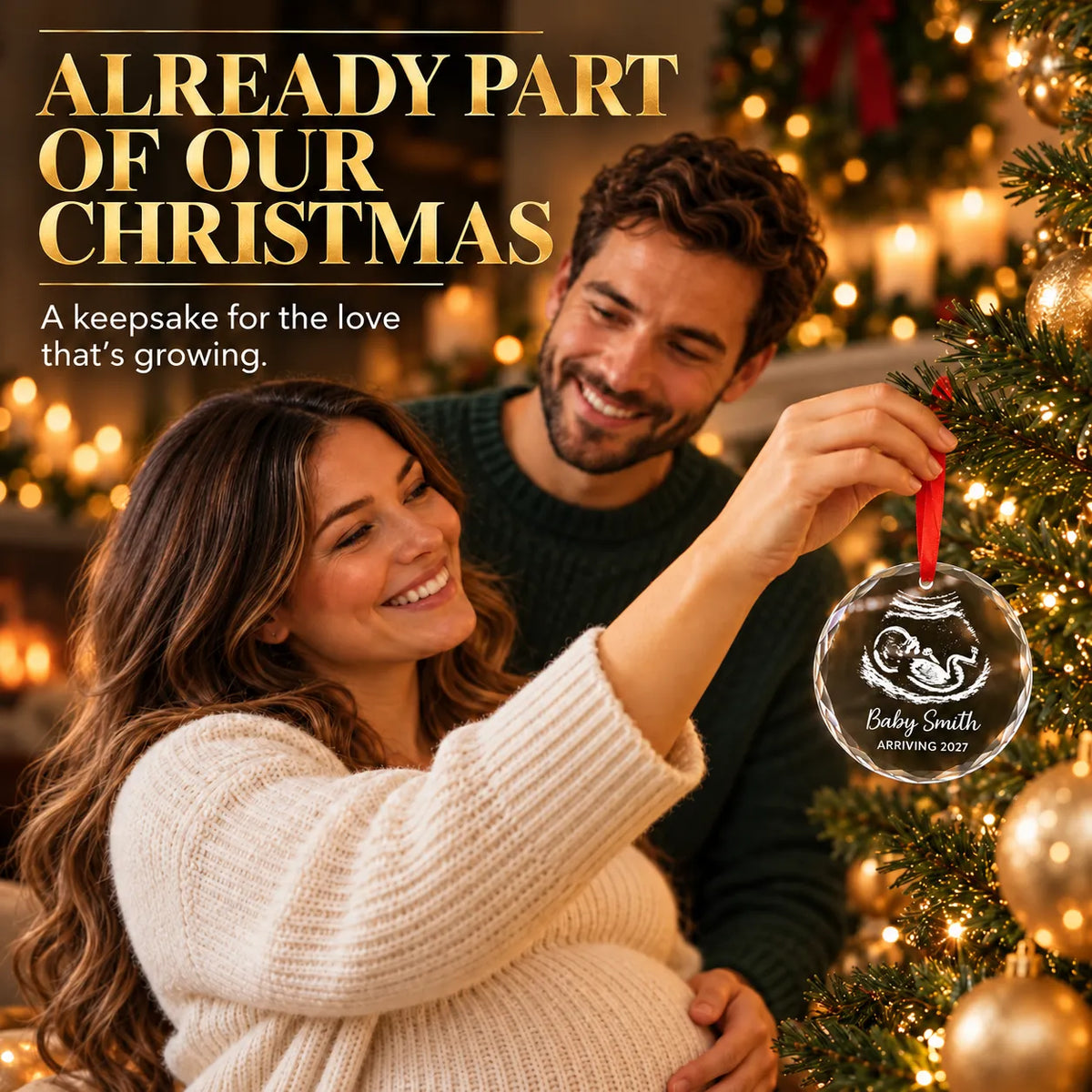 Expectant parents hanging their personalized ultrasound Christmas ornament on the tree together