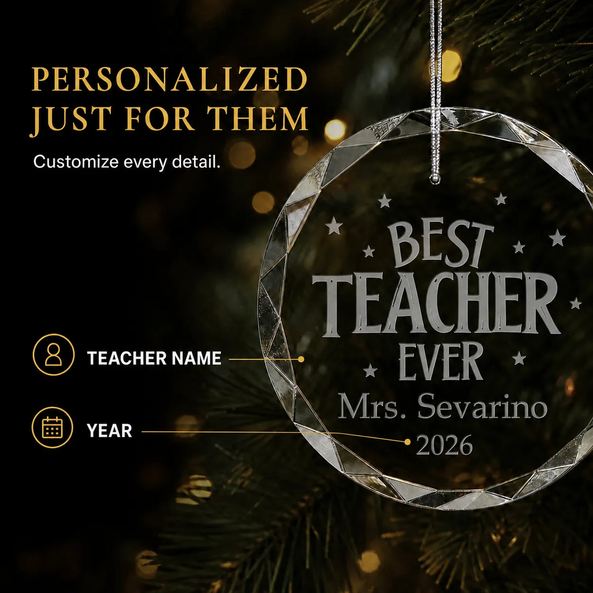 Personalized teacher christmas ornament customized with the teacher's name and the year