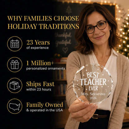 Teacher holding her personalized christmas ornament: Holiday Traditions has 23 years and 1 million+ ornaments made