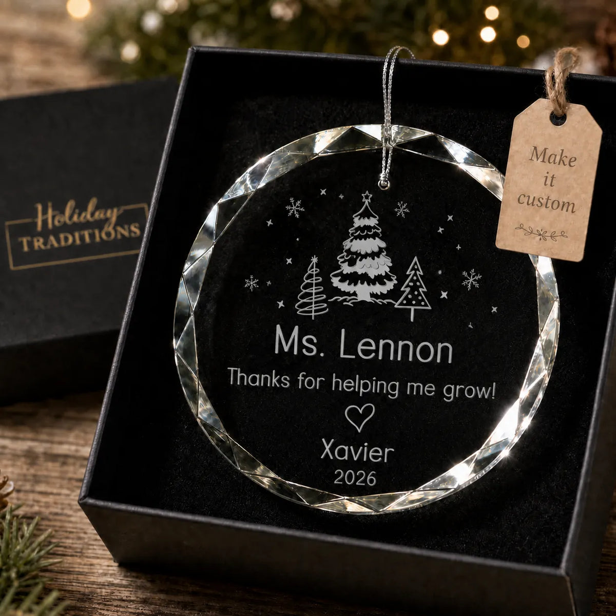Thanks for Helping Me Grow teacher personalized christmas ornament in a Holiday Traditions gift box with a custom tag