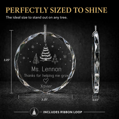 Size guide for the Helping Me Grow teacher christmas ornament: 3.25 in round, 0.23 in thick, ribbon loop included