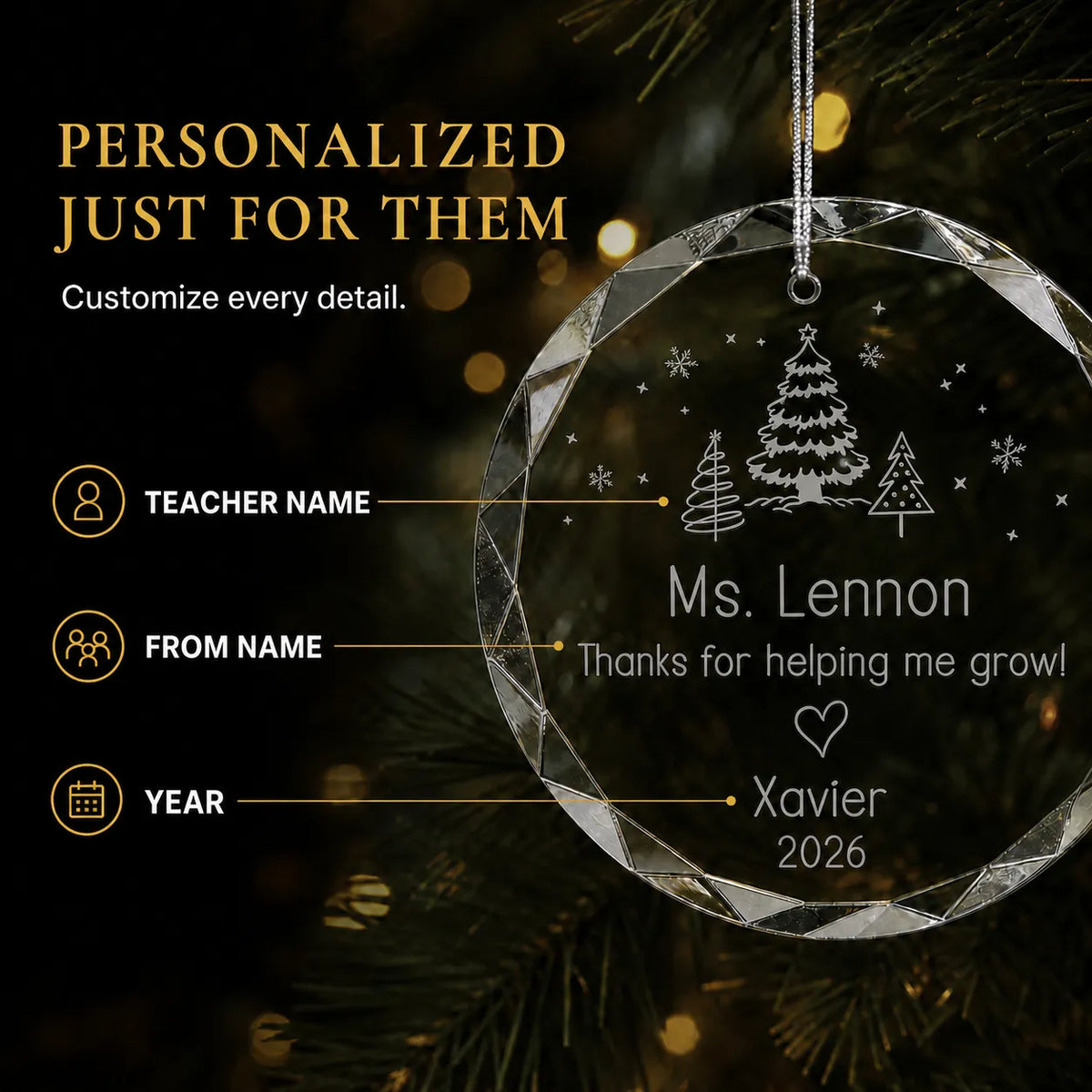 Teacher personalized christmas ornament customized with the teacher's name, the student's name and the year