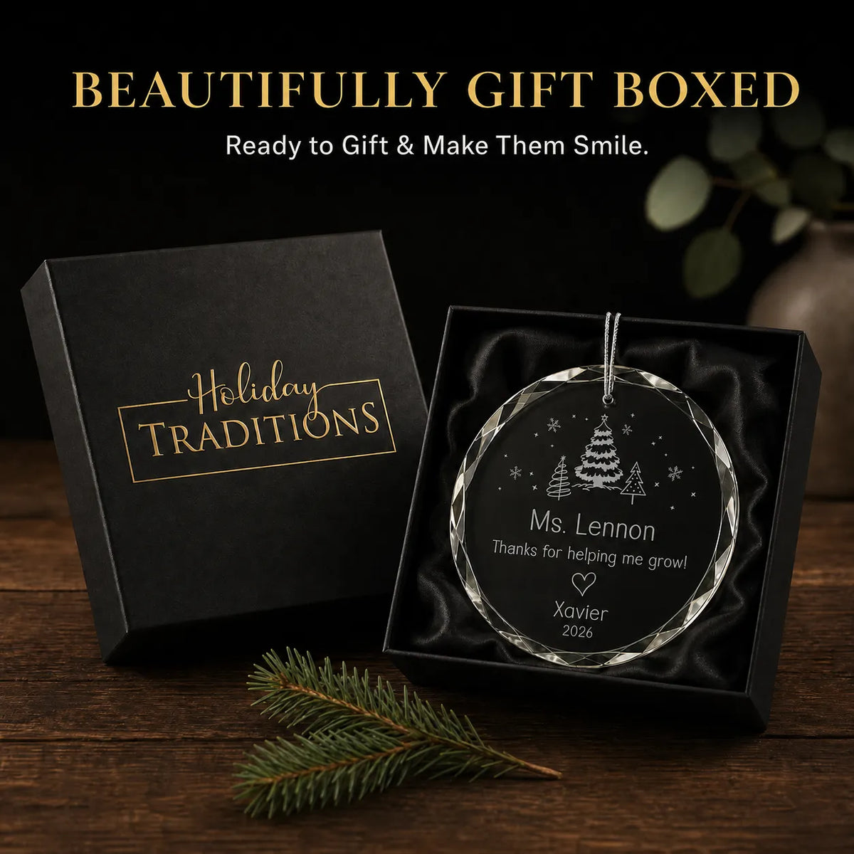 Helping Me Grow glass teacher christmas ornament gift boxed in a black Holiday Traditions box, ready to give