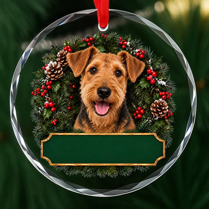 Airedale Terrier festive wreath glass Christmas ornament with a blank green plaque, ready to personalize