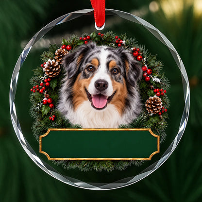 Australian Shepherd festive wreath glass Christmas ornament with a blank green plaque, ready to personalize