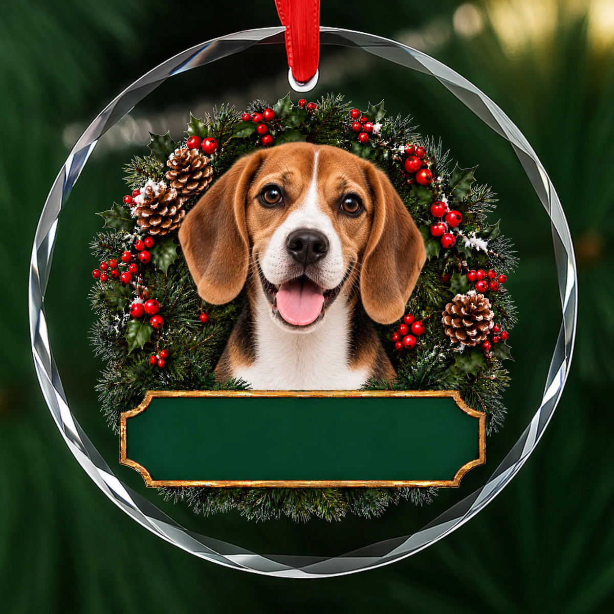 Beagle festive wreath glass Christmas ornament with a blank green plaque, ready to personalize