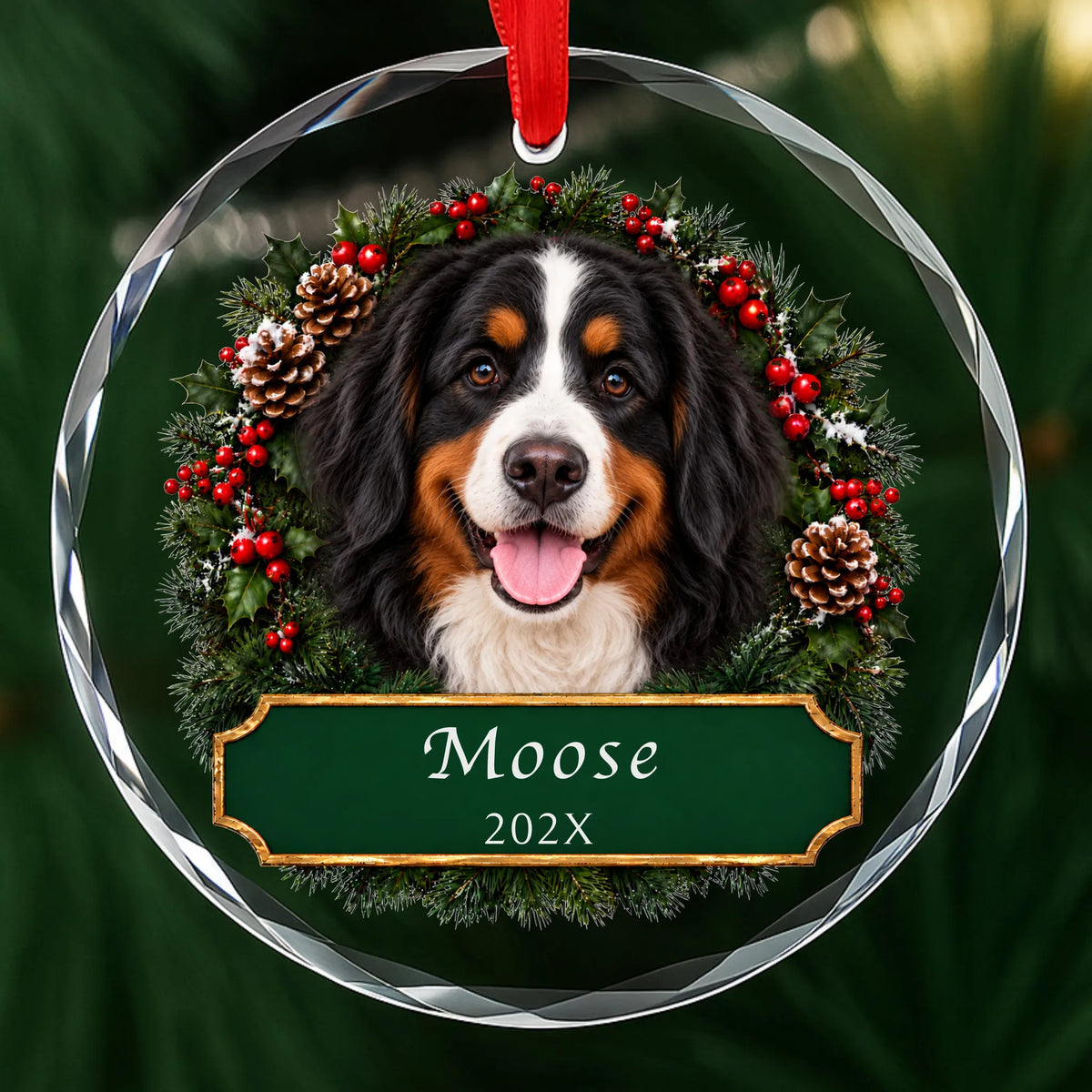Personalized Bernese Mountain Dog Christmas ornament in round glass with a holly wreath and a green plaque engraved with a name and year