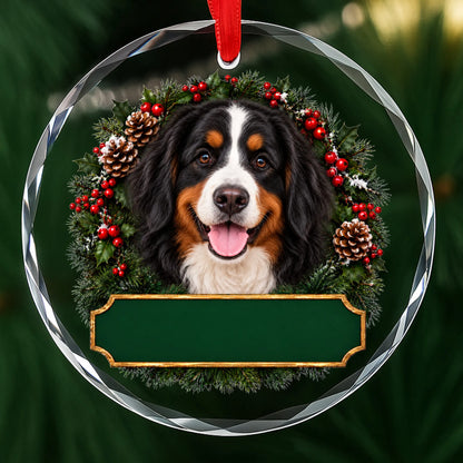 Bernese Mountain Dog festive wreath glass Christmas ornament with a blank green plaque, ready to personalize