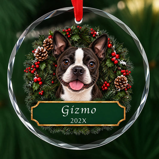 Personalized Boston Terrier Christmas ornament in round glass with a holly wreath and a green plaque engraved with a name and year