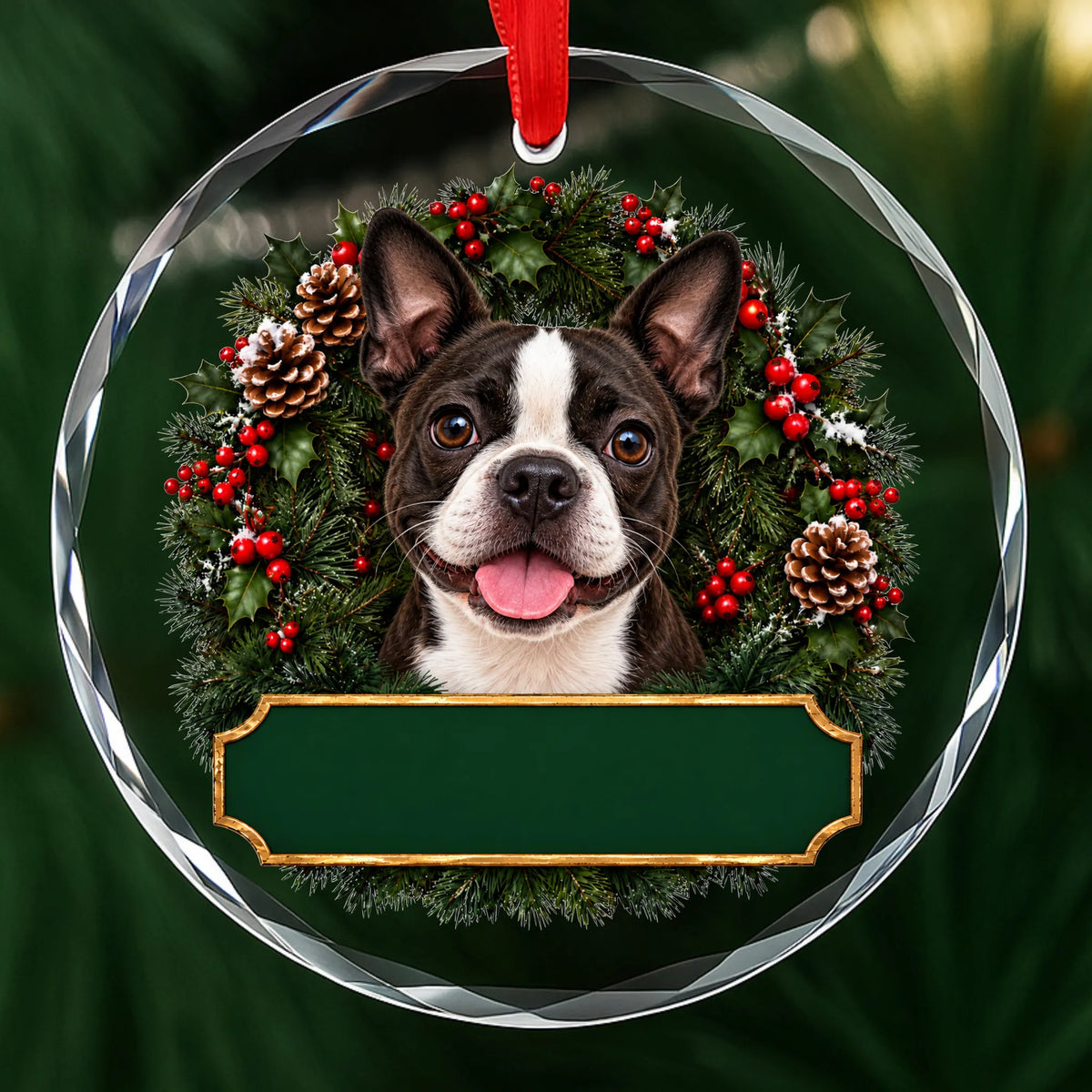 Boston Terrier festive wreath glass Christmas ornament with a blank green plaque, ready to personalize