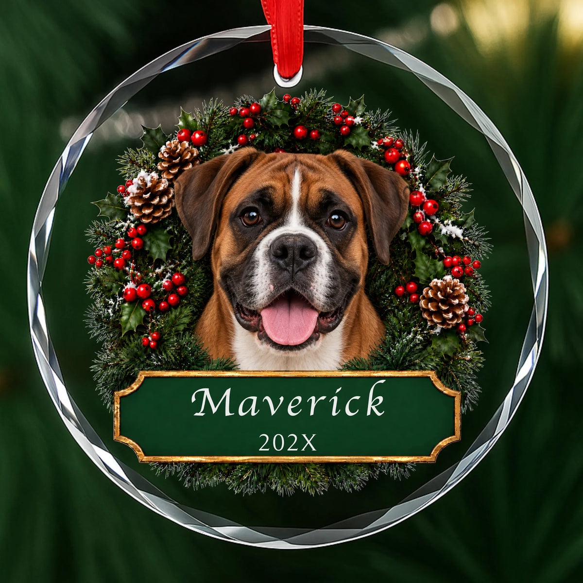 Personalized Boxer Christmas ornament in round glass with a holly wreath and a green plaque engraved with a name and year