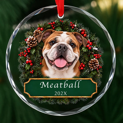 Personalized Bulldog Christmas ornament in round glass with a holly wreath and a green plaque engraved with a name and year