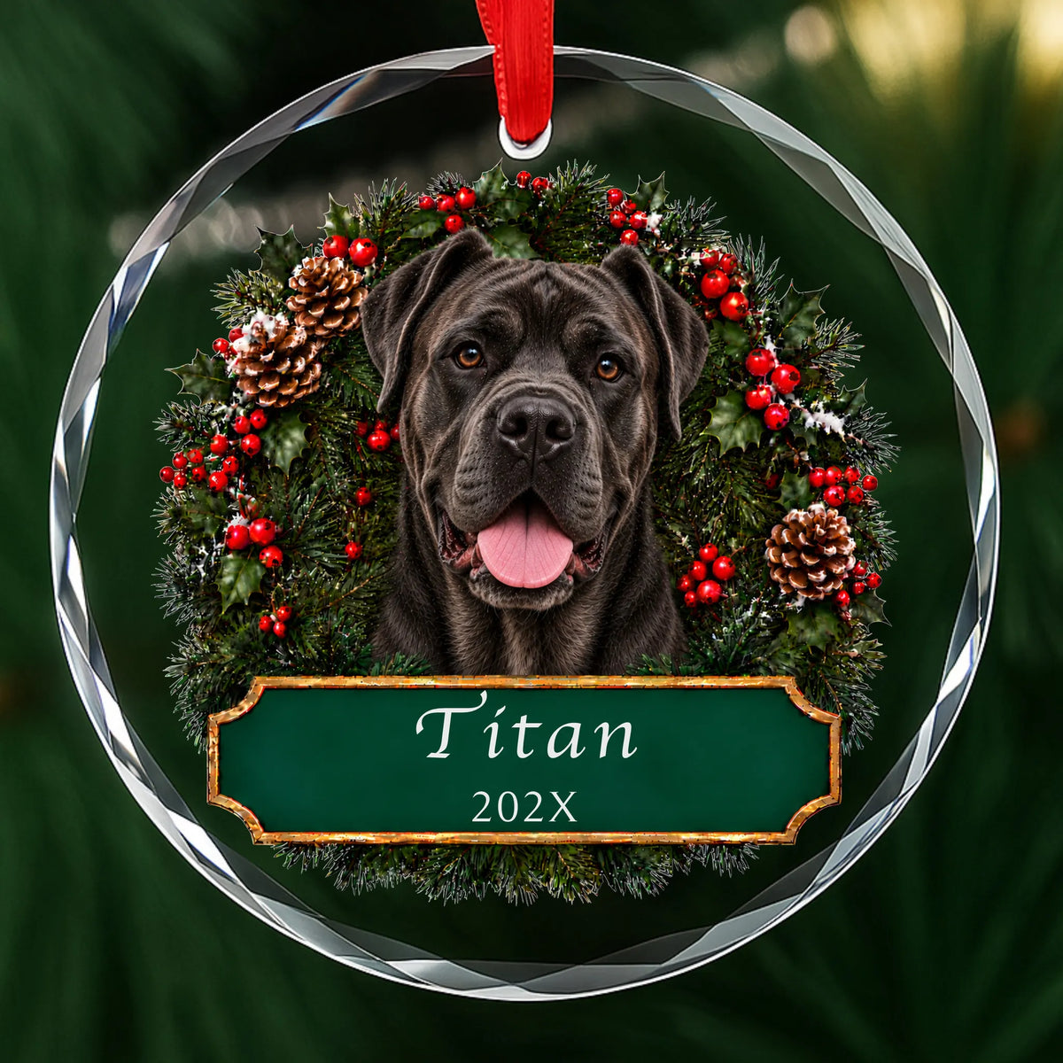 Personalized Cane Corso Christmas ornament in round glass with a holly wreath and a green plaque engraved with a name and year