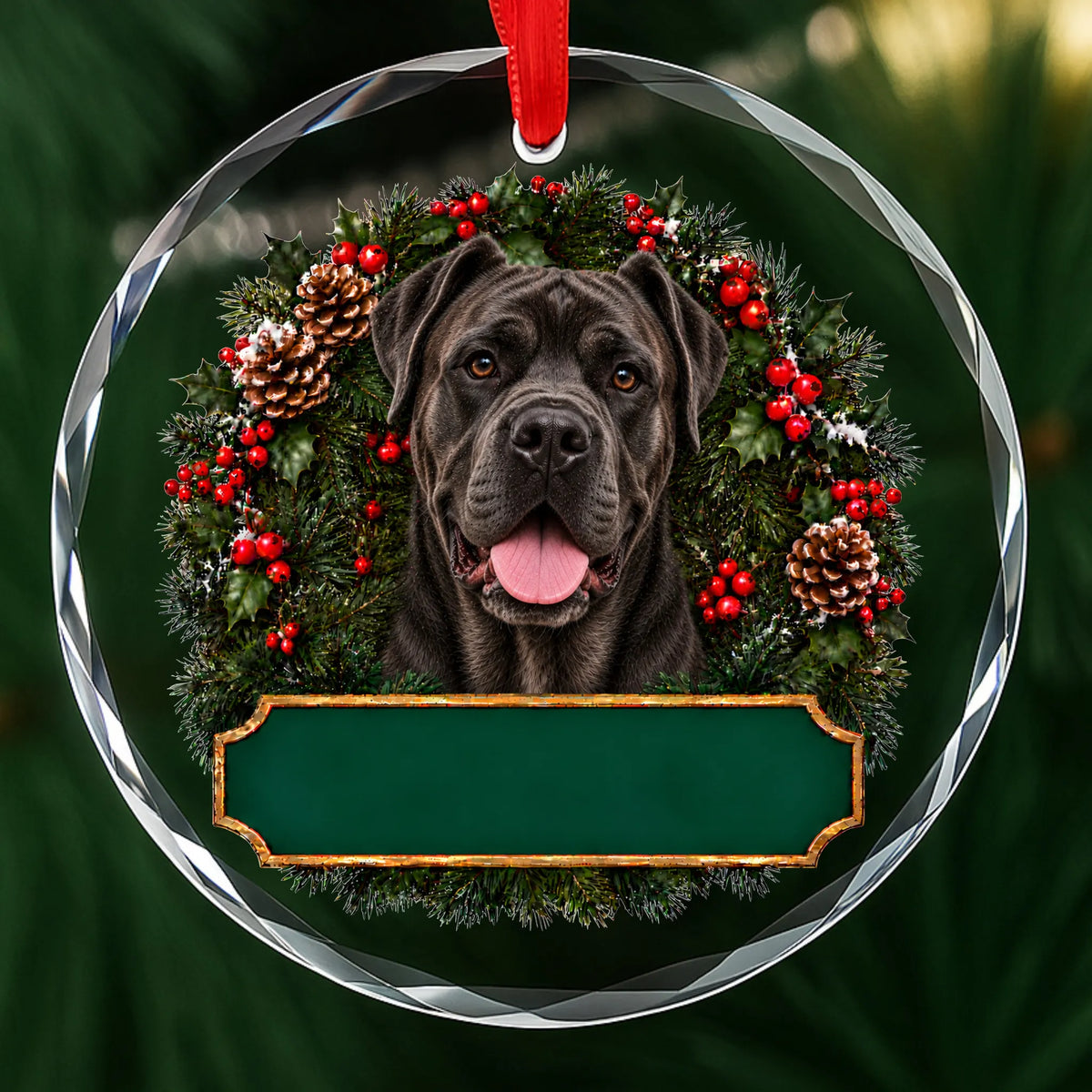 Cane Corso festive wreath glass Christmas ornament with a blank green plaque, ready to personalize