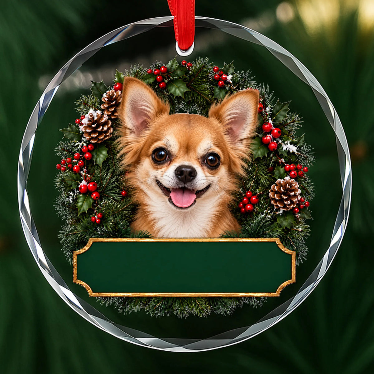 Long Hair Chihuahua festive wreath glass Christmas ornament with a blank green plaque, ready to personalize