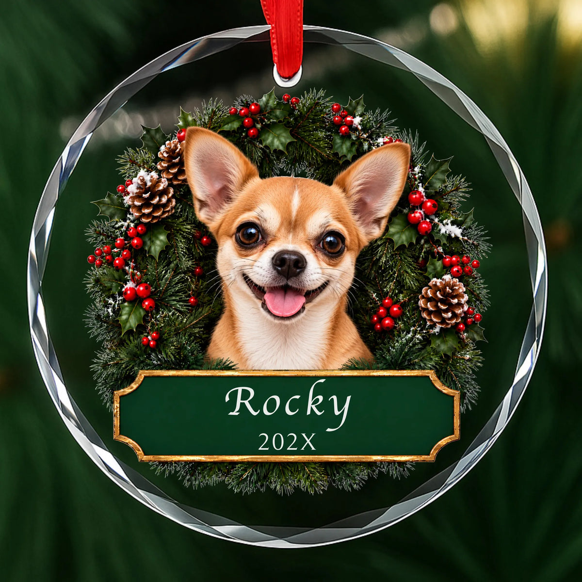 Personalized short hair Chihuahua Christmas ornament in round glass with a holly wreath and a green plaque engraved with a name and year