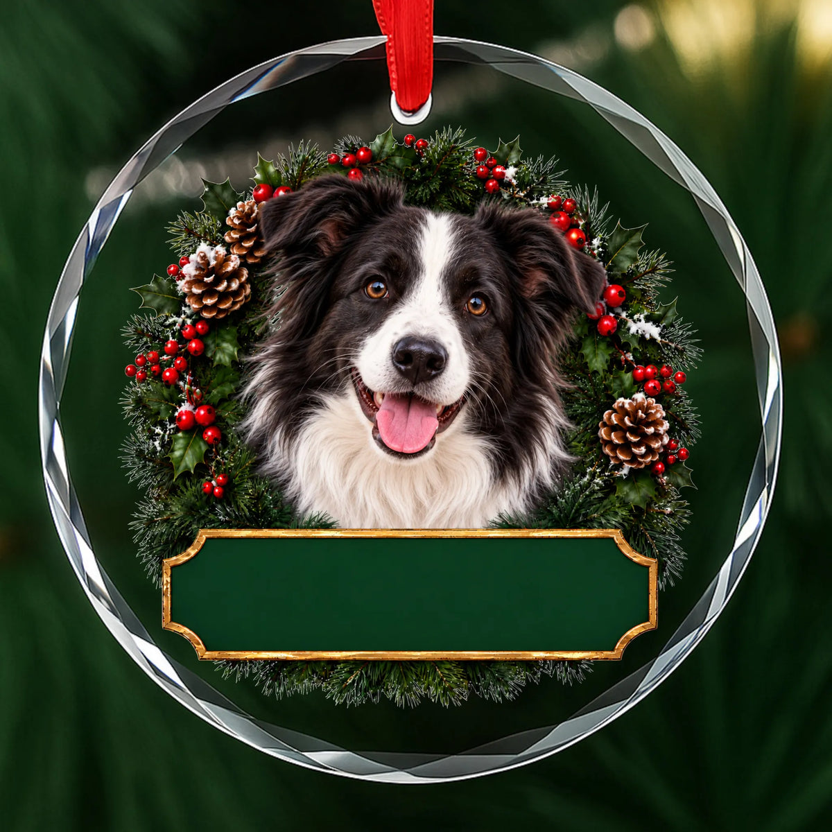 Border Collie festive wreath glass Christmas ornament with a blank green plaque, ready to personalize