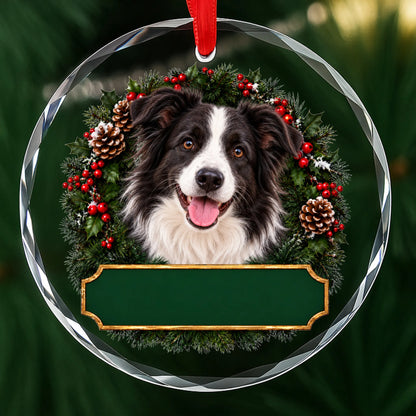 Border Collie festive wreath glass Christmas ornament with a blank green plaque, ready to personalize