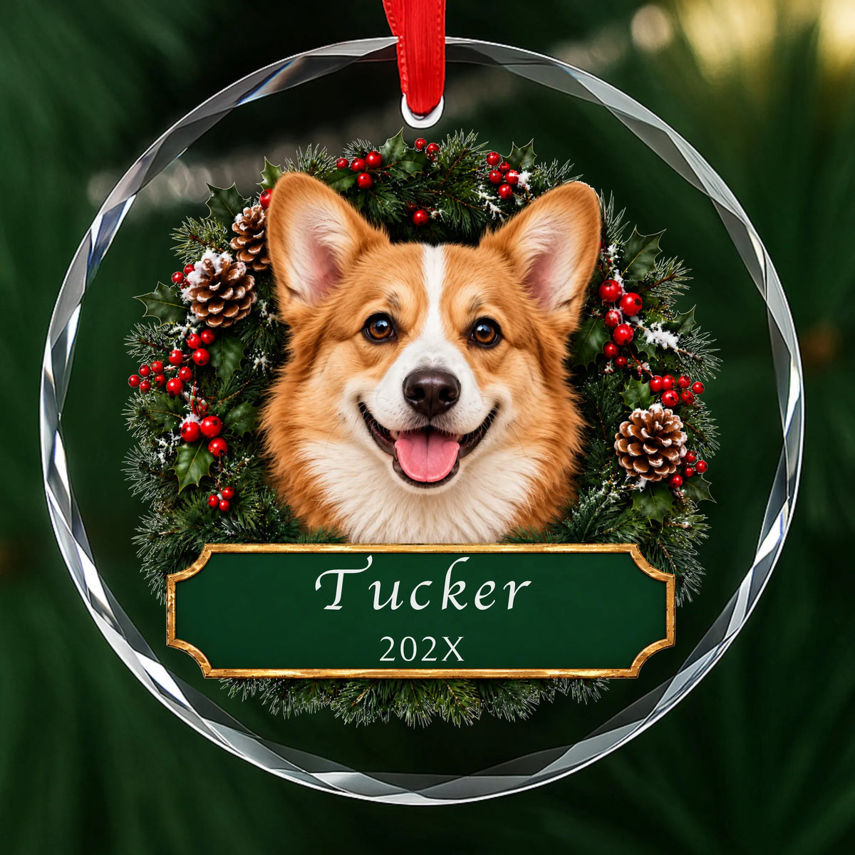 Personalized Corgi Christmas ornament in round glass with a holly wreath and a green plaque engraved with a name and year