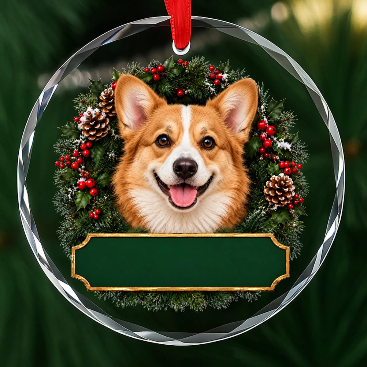 Corgi festive wreath glass Christmas ornament with a blank green plaque, ready to personalize