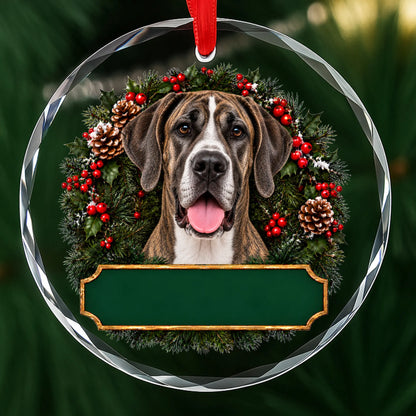 Brindle Great Dane festive wreath glass Christmas ornament with a blank green plaque, ready to personalize