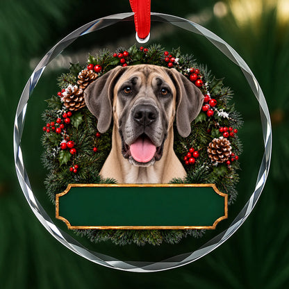 Fawn Great Dane festive wreath glass Christmas ornament with a blank green plaque, ready to personalize