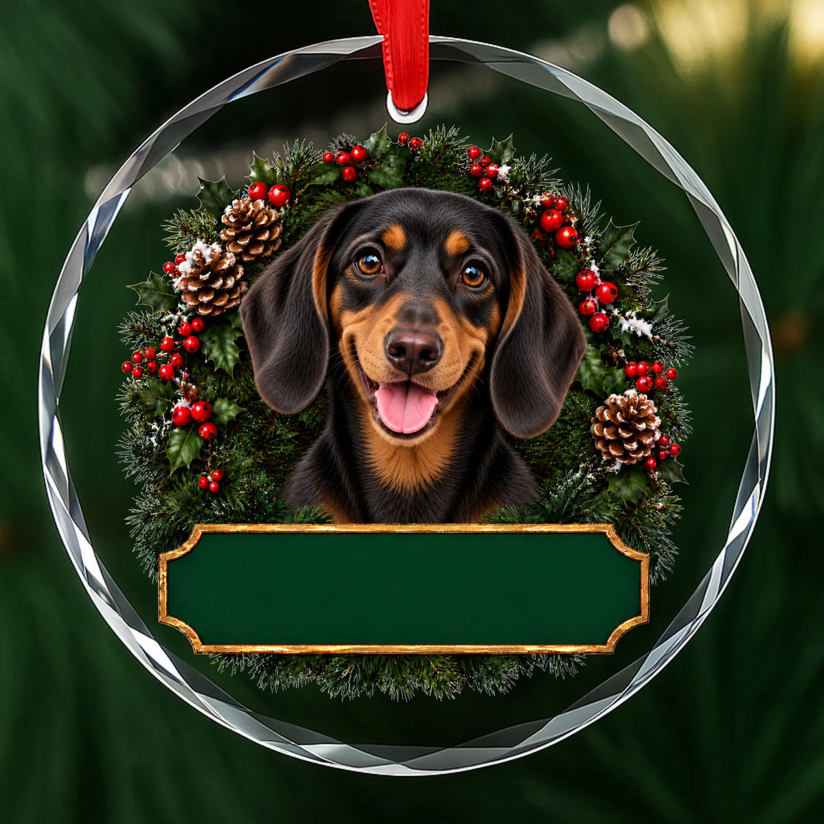 Black and Tan Dachshund festive wreath glass Christmas ornament with a blank green plaque, ready to personalize