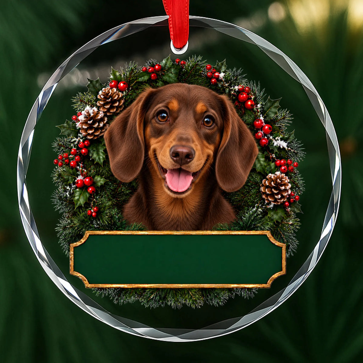 Tan Dachshund festive wreath glass Christmas ornament with a blank green plaque, ready to personalize