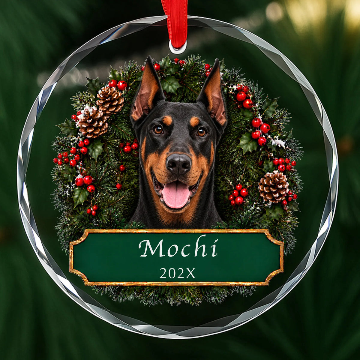 Personalized Doberman Christmas ornament in round glass with a holly wreath and a green plaque engraved with a name and year