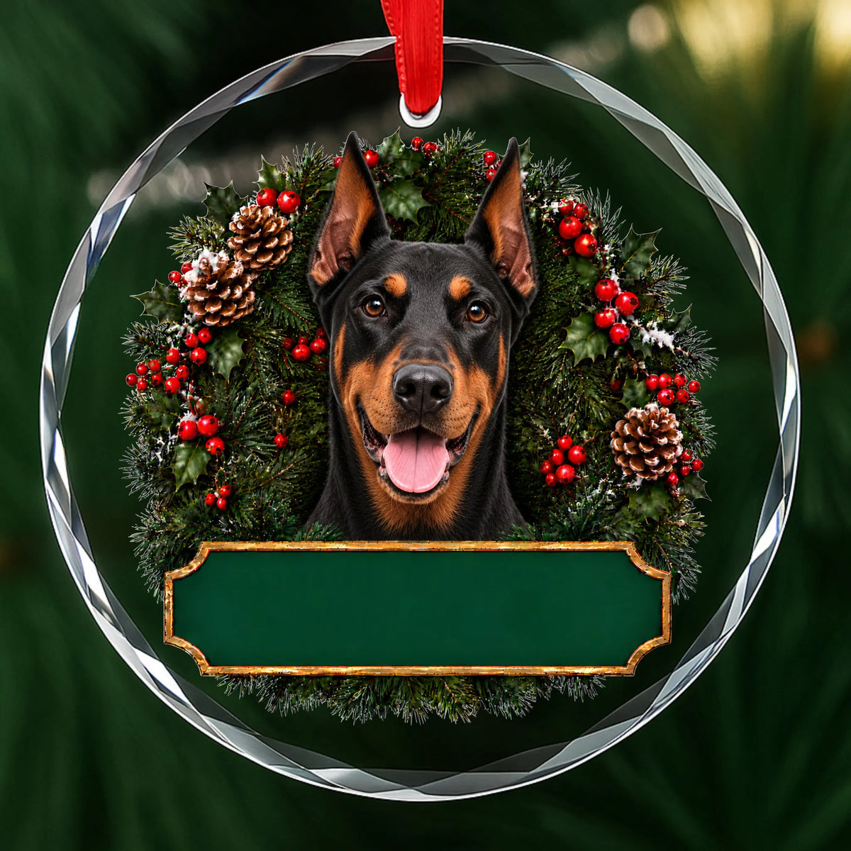 Doberman festive wreath glass Christmas ornament with a blank green plaque, ready to personalize