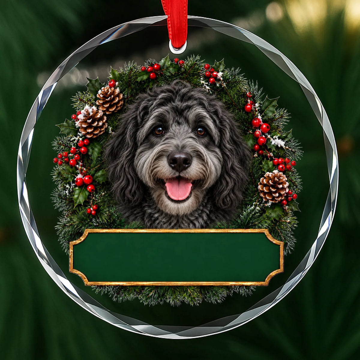 Black and White Doodle festive wreath glass Christmas ornament with a blank green plaque, ready to personalize