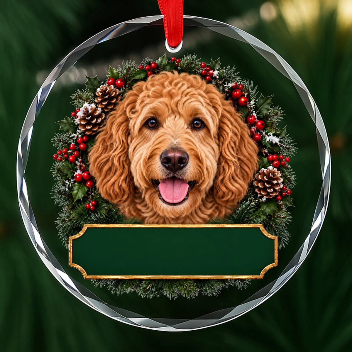 Tan Doodle festive wreath glass Christmas ornament with a blank green plaque, ready to personalize
