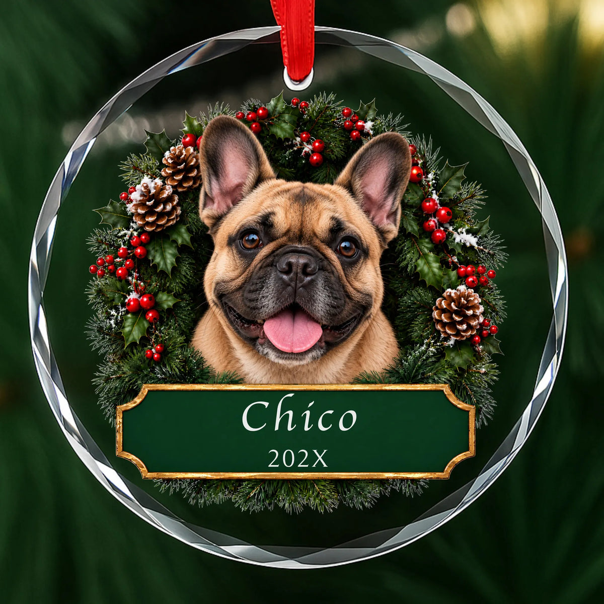 Personalized Frenchie Christmas ornament in round glass with a holly wreath and a green plaque engraved with a name and year